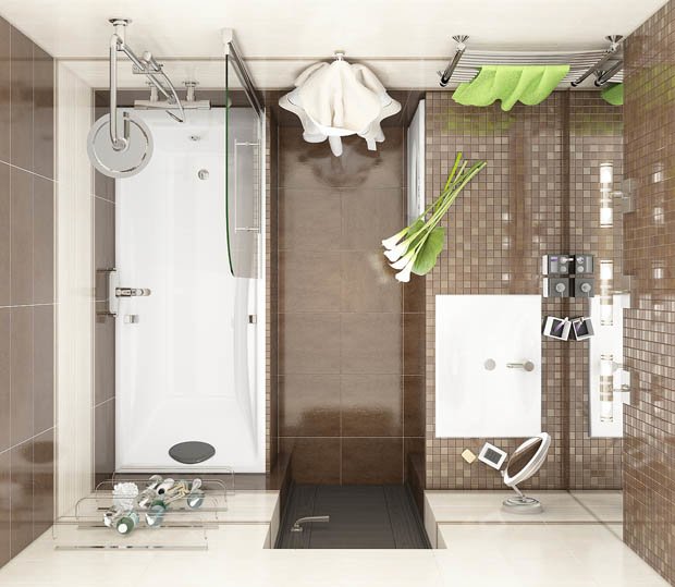 ห้องน้ำแคบ ปูกระเบื้ัองโทนสีน้ำตาล ขาวครีม ตกแต่งสวยโดนใจ - Decor Report