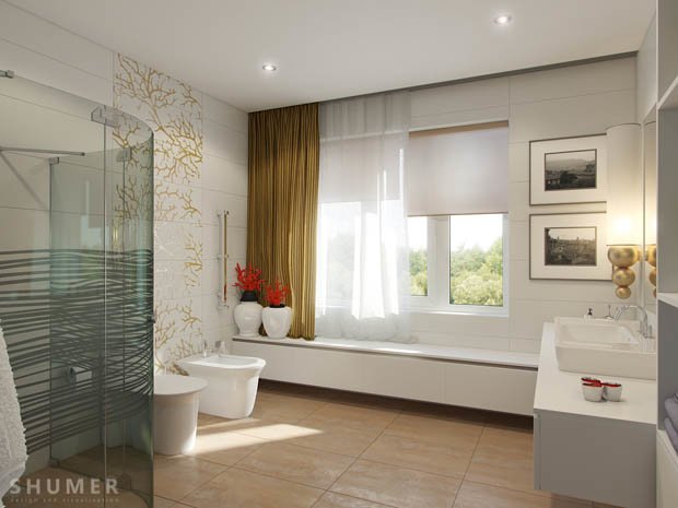 ห้องน้ำสวยเรียบ งดงามด้วยกระเบื้องพิมพ์ลายสีทอง - Decor Report